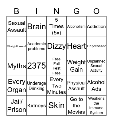 Alcohol Prevention Bingo Card