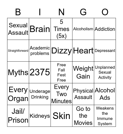 Alcohol Prevention Bingo Card