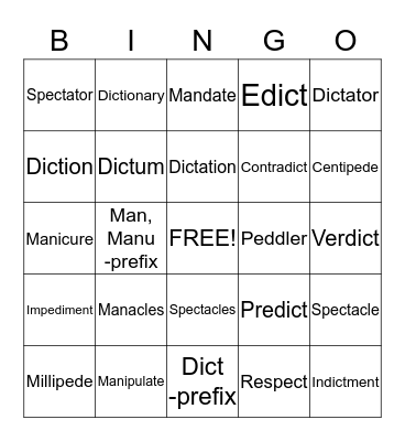 Greek and latin bingo Card