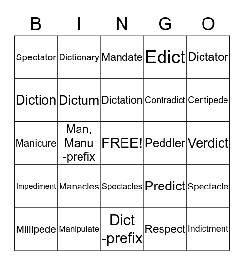 Greek and latin bingo Card