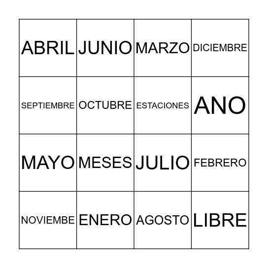 MESES DEL ANO Bingo Card