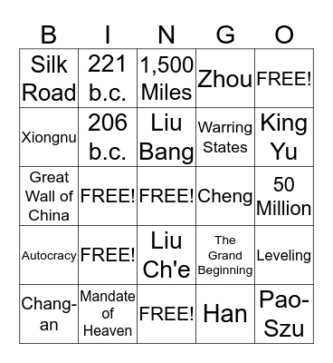Zhou,Qin,and Han Dynasty Bingo Card