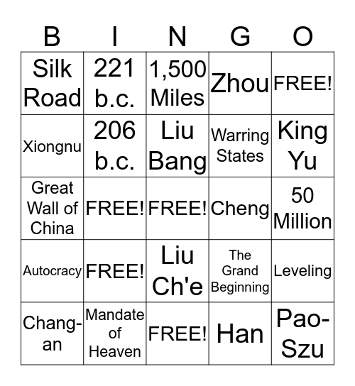 Zhou,Qin,and Han Dynasty Bingo Card