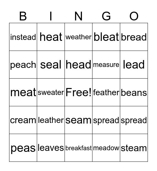 EA WOrds Bingo Card