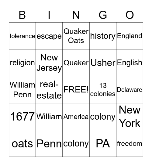 13 colonys religion  Bingo Card