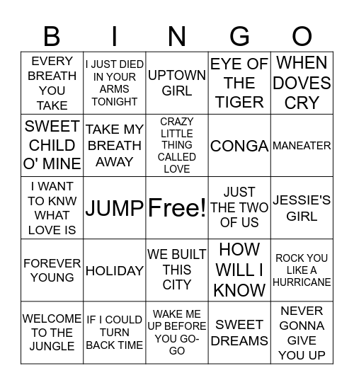 1980's Hits Bingo Card