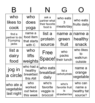 Healthier You! Bingo Card