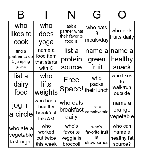 Healthier You! Bingo Card
