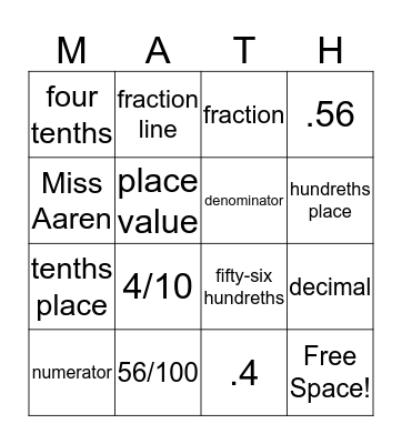 Decimal and Fraction Relationships Bingo Card