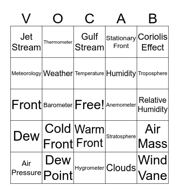 Weather Vocabulary Bingo Card