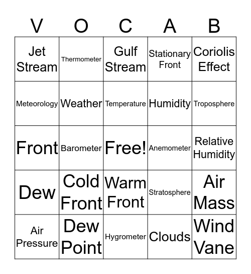 Weather Vocabulary Bingo Card