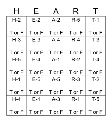 Healthy Heart Bingo Card