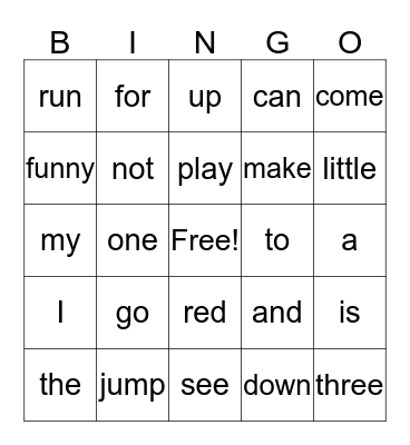 Pre-primer Bingo Card