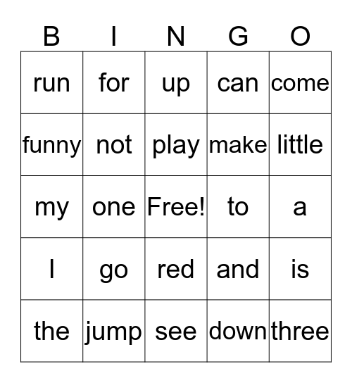 Pre-primer Bingo Card
