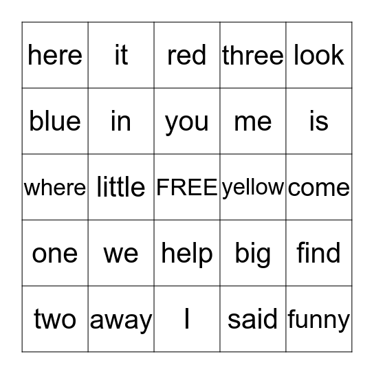 Pre-primer Bingo Card