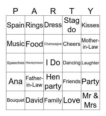 Ana's Hen Party Bingo Card