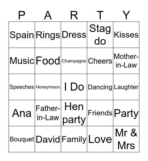 Ana's Hen Party Bingo Card