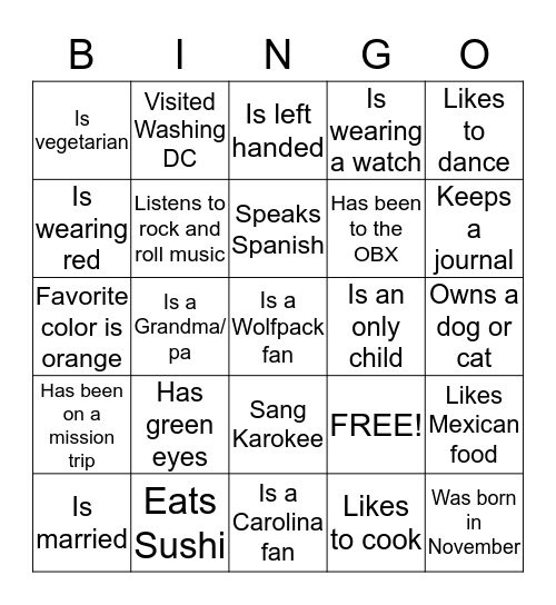 Get Acquainted! Bingo Card