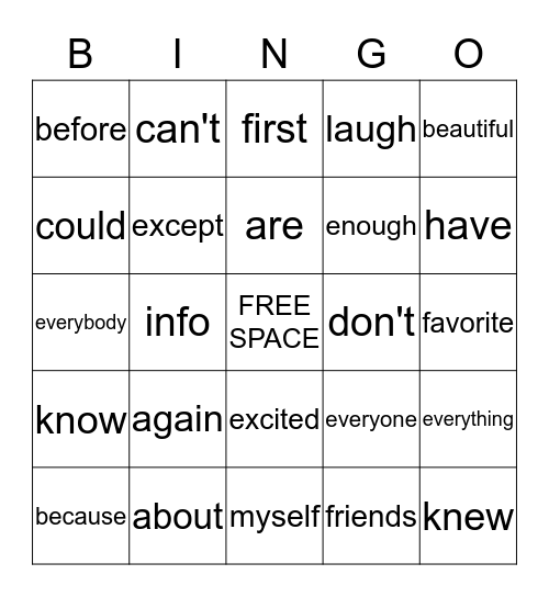 Words Wall Bingo Card