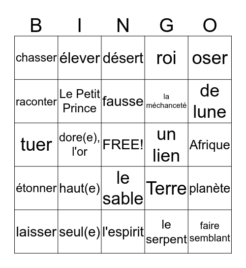 Le Petit Prince Bingo Card