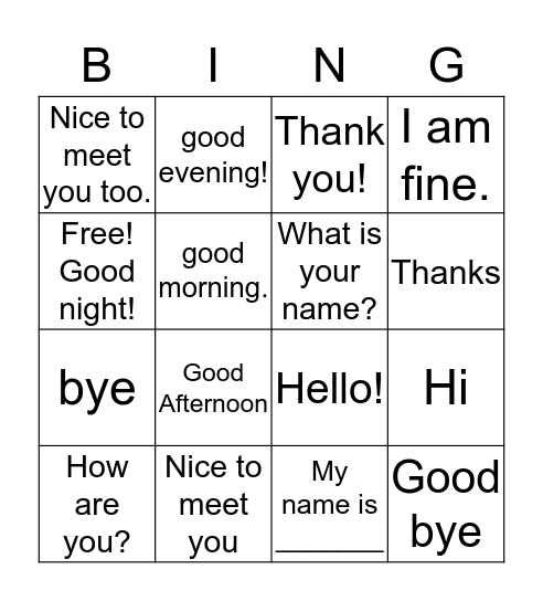 Greetings Bingo Card