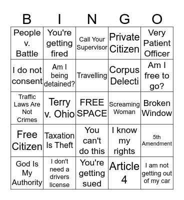 Sovereign Citizen Bingo Card