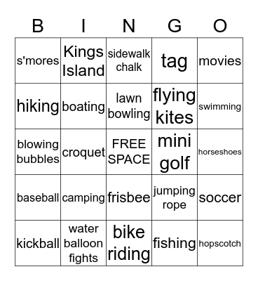 Summer Time Fun Bingo Card