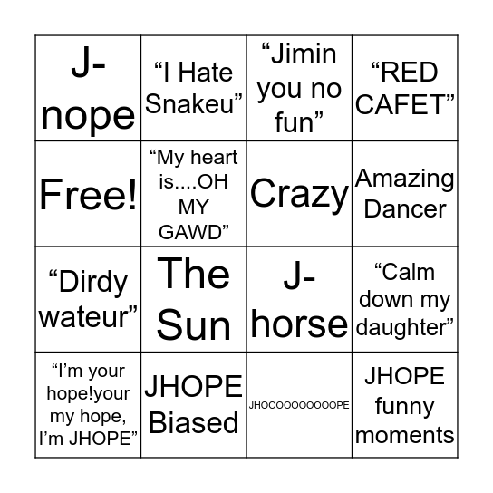 Happy Birthday JHOPE Bingo Card