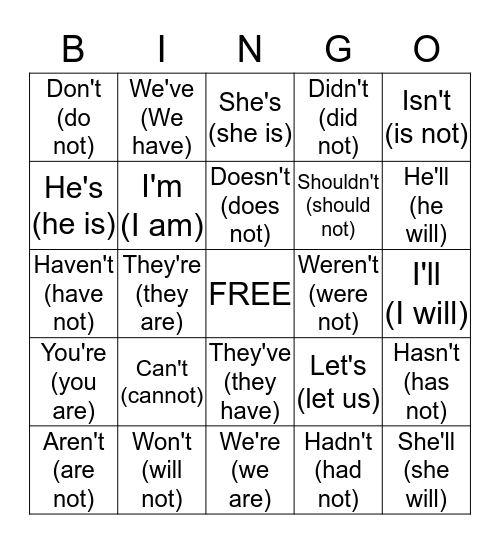 Contractions Bingo Card