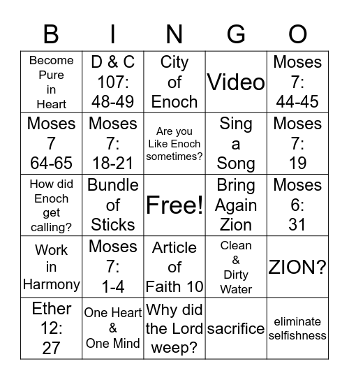Enoch & a Zion People Bingo Card