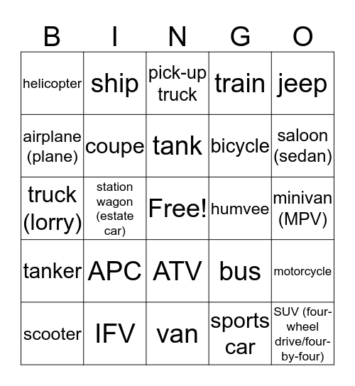 C1U13D Vehicles (Military & Civilian) Bingo Card