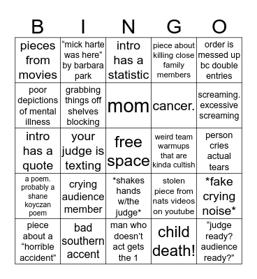 Dramatic Interp Bingo Card