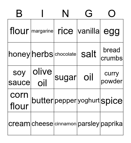 Ingredients Bingo Card