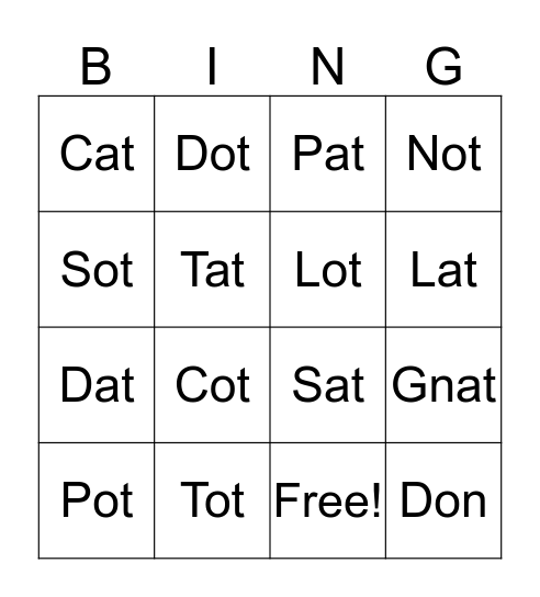 Short A and Short O Bingo Card