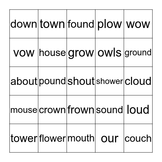 Vowel teams             ow and ou Bingo Card