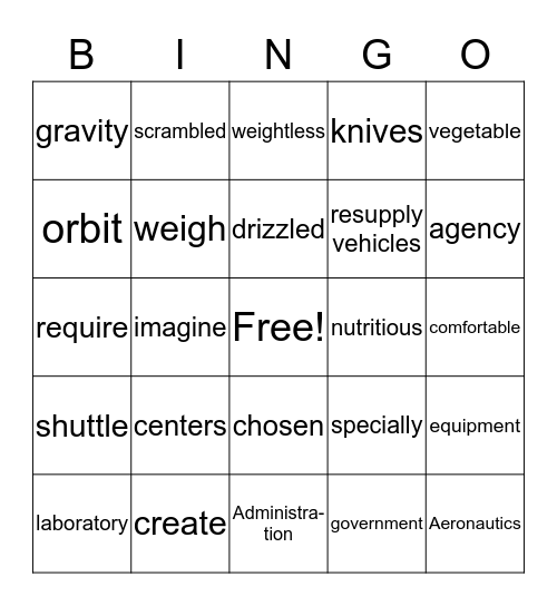 What's Cooking in Space? Bingo Card