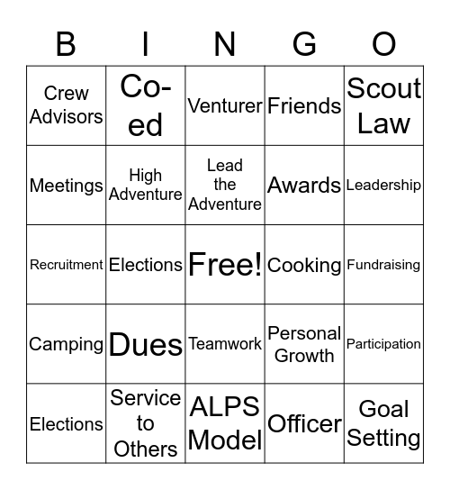 Venturing Crew 188 Bingo Card