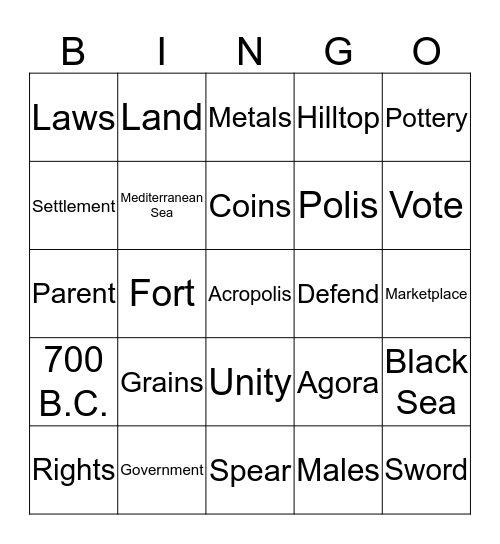 Greek Colonies and Trade Bingo Card