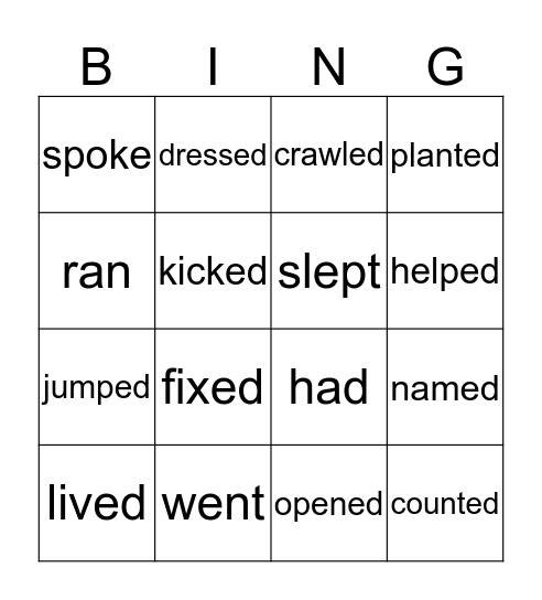 Past Tense Bingo Card