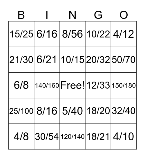 Reducing Fractions Bingo Card