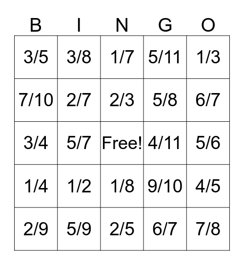 Simplifying/Reducing Fractions Bingo Card