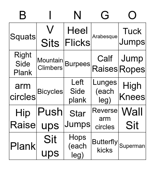 Fitness & Conditioning Bingo Card