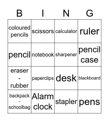 School Items Bingo Card