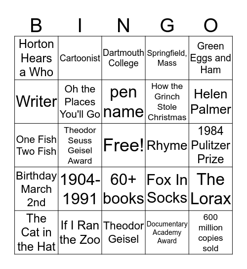 Dr. Seuss Bingo Card