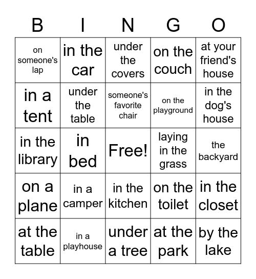 Places to Read Bingo Card