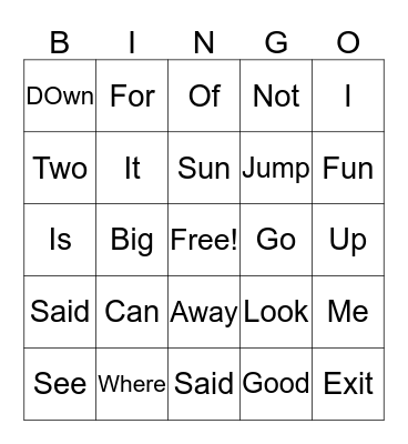 Sight Words Bingo  Bingo Card