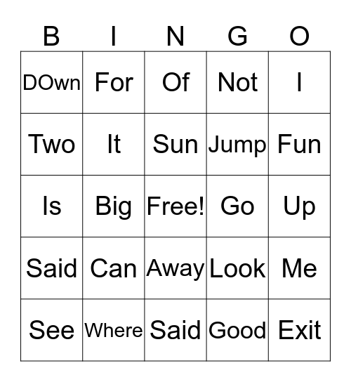 Sight Words Bingo  Bingo Card