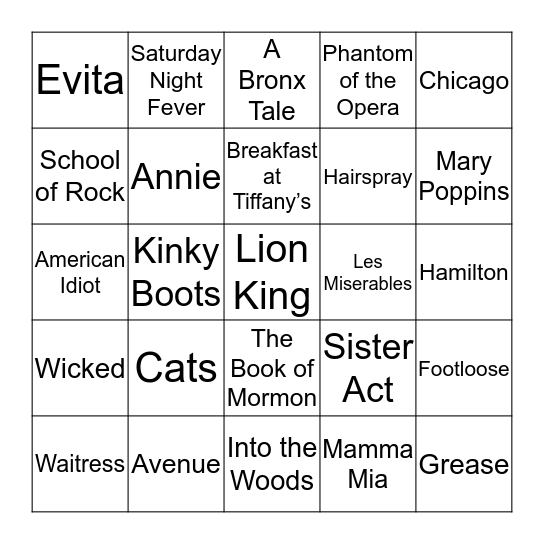 Let's Go to Broadway Bingo Card