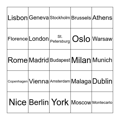 European Cities Bingo Card