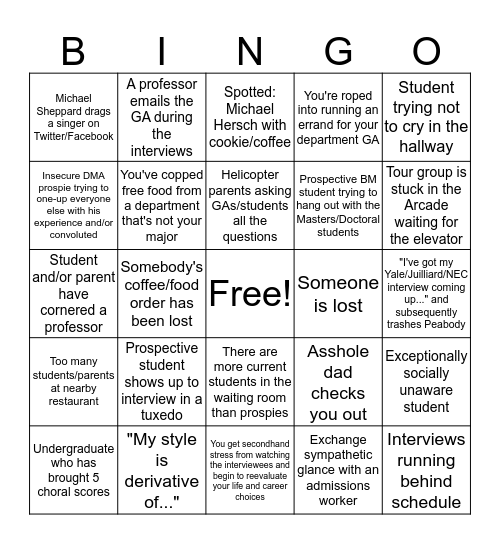 Peabody Audition Week Bingo Card